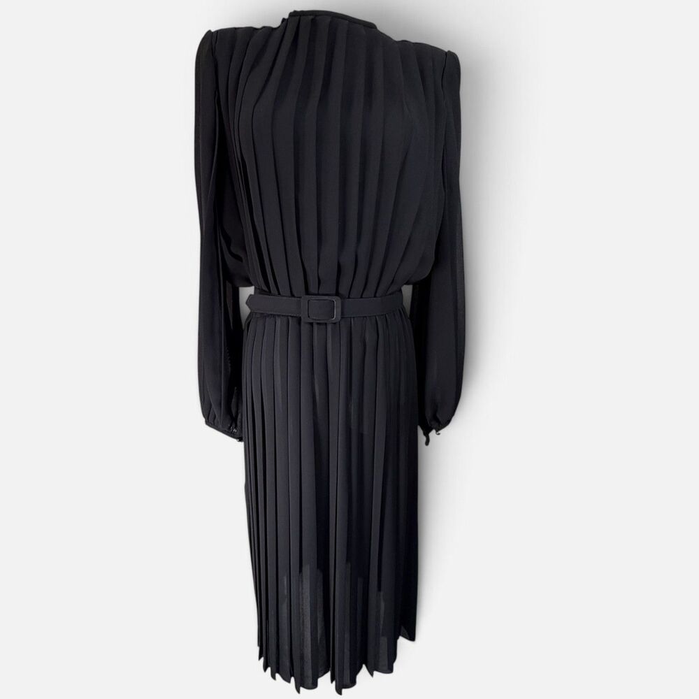 Vintage Anthony Sicari Black Accordion Pleated Dress Belted Sequin USA 10